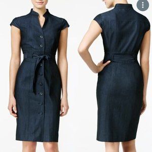 Calvin Klein Dark Denim Belted Button-Front Sheath Dress, Size 12